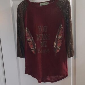 Southern Grace Maroon Top with Brown Sleeves